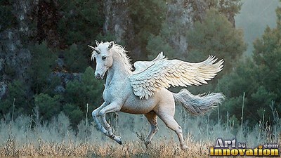 A white winged unicorn gallops through tall dry grass in soft, pale morning light
