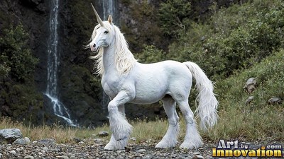 Standing sideways by a waterfall, a pure white unicorn steps across rocky ground