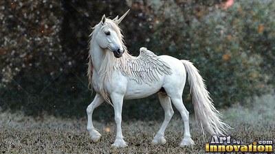 Walking through frosted grass, a bright white unicorn with wings pauses in front of dark woods
