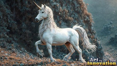 A bright white unicorn trotting across a rocky hillside with a raised front hoof