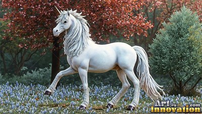 With its thick silvery mane, a white unicorn trots past trees with reddish leaves