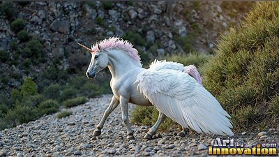 Walking in profile across a rocky slope, a white winged unicorn with a pink mane