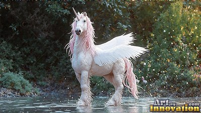A pale white unicorn with wings with a pink mane stands in shallow water