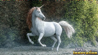 Trotting past a leafy hedge, a pure white unicorn kicks up gray dust