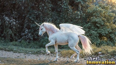 Pink mane flowing, a bright white alicorn walks along a dirt path beside green trees