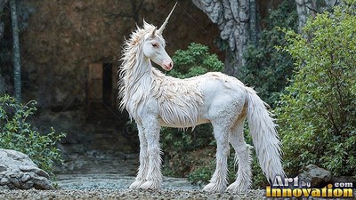 Standing in profile, a shaggy white unicorn looks back near a rocky cave