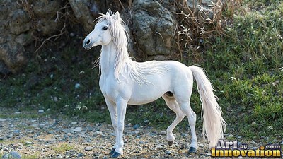 A white horse stands on a gravel hill in front of rocky shrubs