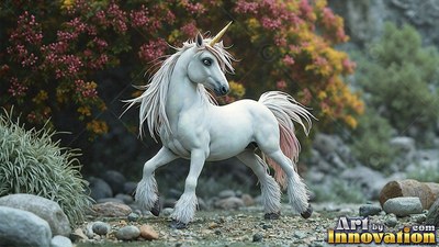 On a stony path, a white unicorn with a gold horn steps past pink bushes