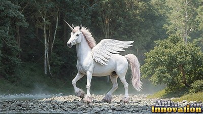 Trotting along a stony riverbank, a winged snow-white unicorn walks past green trees