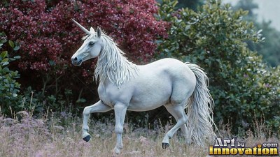 A bright white unicorn trots through a meadow with deep red bushes under soft daylight