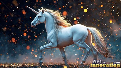A pure white unicorn trots across dark ground surrounded by warm golden lights
