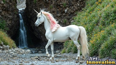 In a rocky mountain stream, a pure white unicorn with a pink mane walks past a waterfall