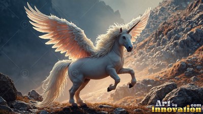 Rearing up with spread wings, a white winged unicorn with feathers leaps across rocky mountains