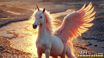 Winged unicorn standing in a muddy stream at sunset