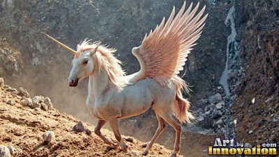 Pointed pink wings rise from a pure white alicorn trotting down a steep, rocky hillside