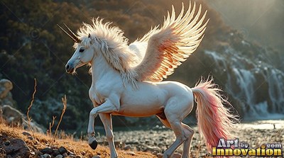 A white alicorn raises its feathered wings beside a river, backlit by warm sunlight