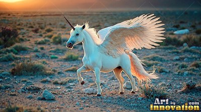 Prancing in side view, a white winged unicorn with feathers crosses a dry desert plain