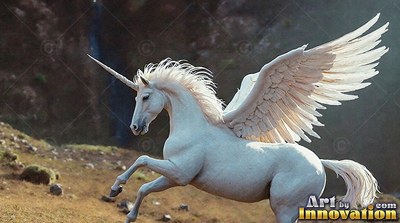 A pale white alicorn leaps across a dry hillside with its large wings spread out
