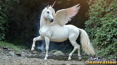 In a rocky creek bed, a white winged alicorn prances near green foliage
