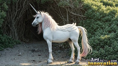 White winged unicorn with feathers with a pink mane by green shrubs