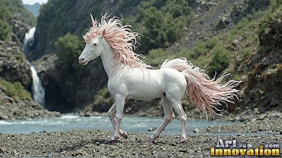 Pink windblown mane rippling, a pure white unicorn trots along a rocky riverbank by waterfalls