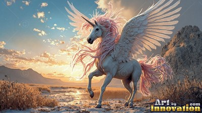 A winged unicorn prances on a dry plain beneath warm sunset light