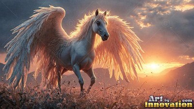 Trotting forward, a white winged horse crosses a field at sunset