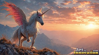 A winged unicorn with pink feathers stands on a mountain ridge at sunset