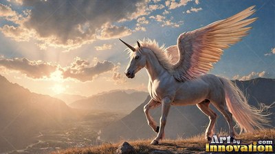 On a sunlit mountain ridge, a white unicorn with wings walks with raised wings