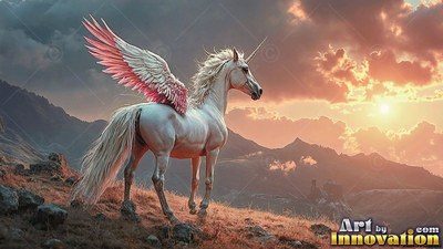 Standing on a ridge at sunset, a snow-white unicorn with wings looks over mountains