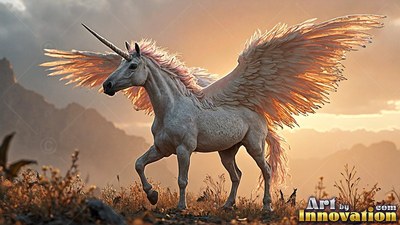 Winged snow-white unicorn spreading its feathered wings at sunset in mountains