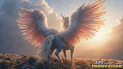 Pink-tinted feathered wings spread wide on a white alicorn facing sunset clouds on a hill