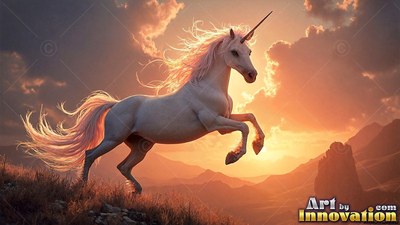 A white unicorn leaps across a hill as warm orange sunset shines through its mane