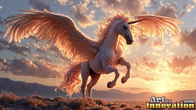 Rearing on a desert ridge, a winged white unicorn spreads wide wings at sunset
