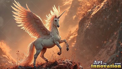 A pale white alicorn spreads its wings on a rocky cliff in warm sunset light
