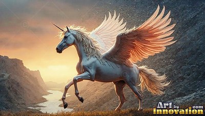 In a rocky mountain valley at sunset, a white winged unicorn with feathers prances with spread wings