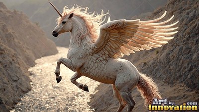 Rearing with wings spread, a white alicorn leaps through a rocky mountain valley