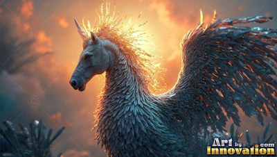 A winged unicorn with feathered fur standing before orange sunset clouds