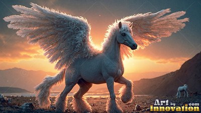 Feathered wide wings lift from a white winged horse stepping through a sunset desert valley