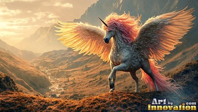 A winged unicorn walks across a mountain valley with orange sunlight shining through its feathers