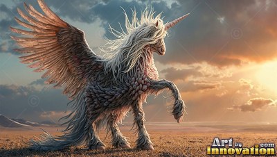 Standing in profile on a desert plain, a winged unicorn lifts its front leg at sunset