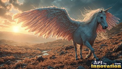 A white winged unicorn trots across a rocky hillside under a warm sunset
