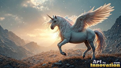 On a rocky hillside, a winged pure white unicorn prances in the morning sun