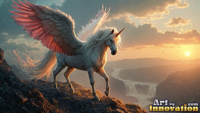 Stepping across rocky ground, a white alicorn spreads its wings at sunset