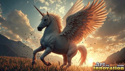 A winged snow-white unicorn rears up in a field at sunset