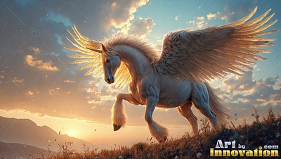 Feathered wings spread wide, a pale white alicorn trots over a grassy hill at sunset
