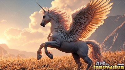 A winged unicorn rears up in a field, its feathers edged with warm sunset light
