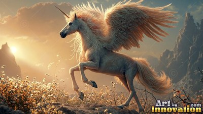 Prancing winged pale white unicorn on a mountain slope in morning light