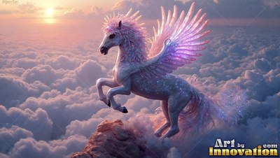 A winged unicorn rears up on a rocky peak over pink sunset clouds