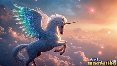 Above sunset clouds, a snow-white alicorn rears with bright blue wings spread wide